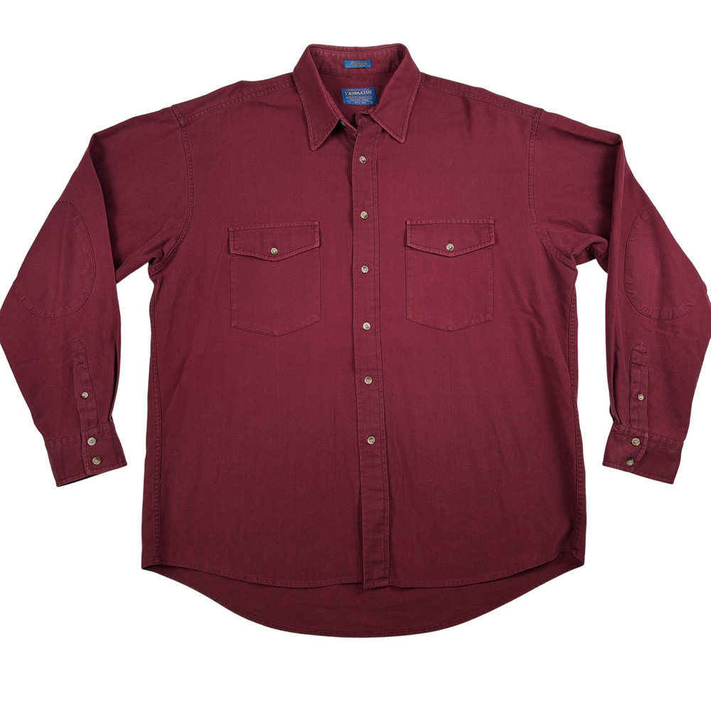 Pendleton Shirt Mens Large Burgundy Button Front Long Sleeve Elbow Patches